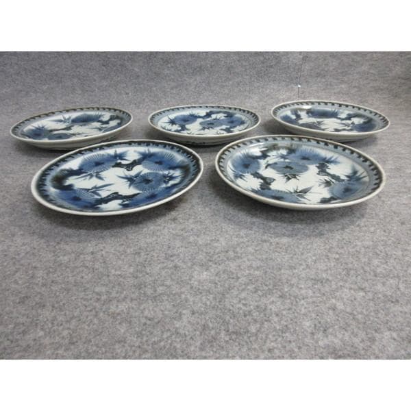 古伊万里渦福印染付松竹図焼物皿5枚 [B26691]