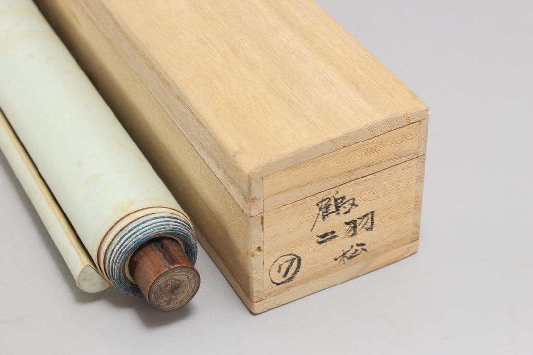 No5649掛軸　在銘　南弍　双鶴若松図　紙本着色　合箱　日本画　花鳥　送料無料