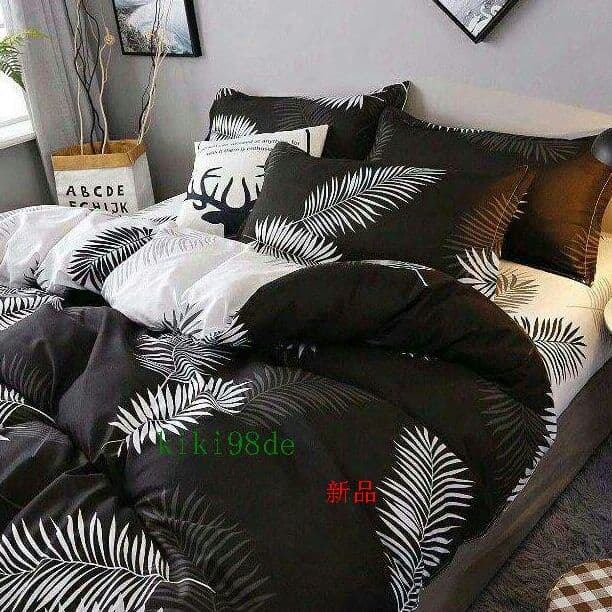 布団カバーセット ベッドカバー ダブル ５点セット モノトーン ブラック=I