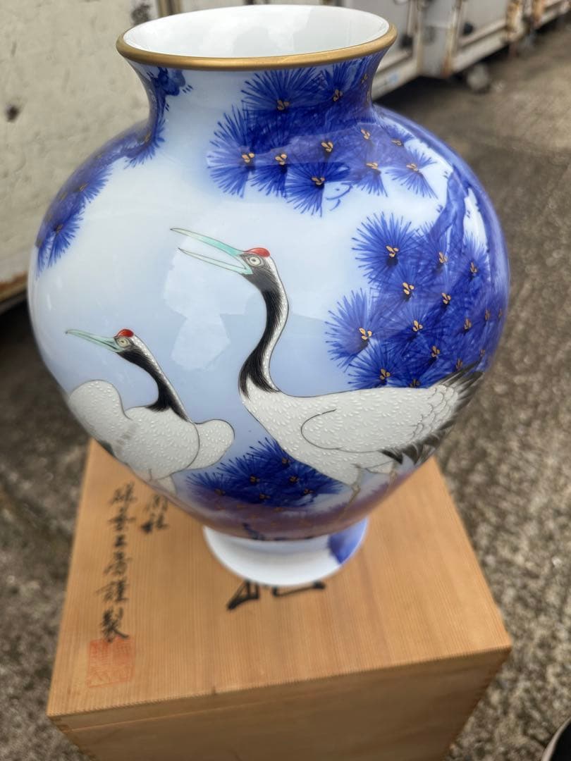 香蘭社　染錦模様　花瓶 鶴と松の絵柄 陶器花瓶