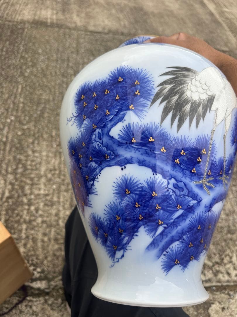 香蘭社　染錦模様　花瓶 鶴と松の絵柄 陶器花瓶