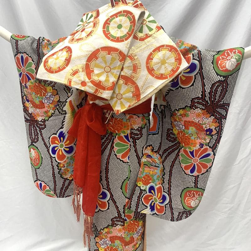 603ag3■七五三 七歳 女児 着物&袋帯&長襦袢 絞り染風 黒■状態良好