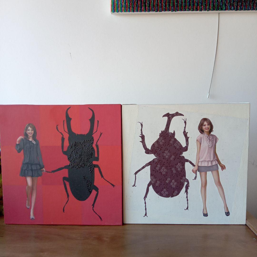 現代アート作品　松山賢　『抽象ガールと模様昆虫・白』（K.S.M.）