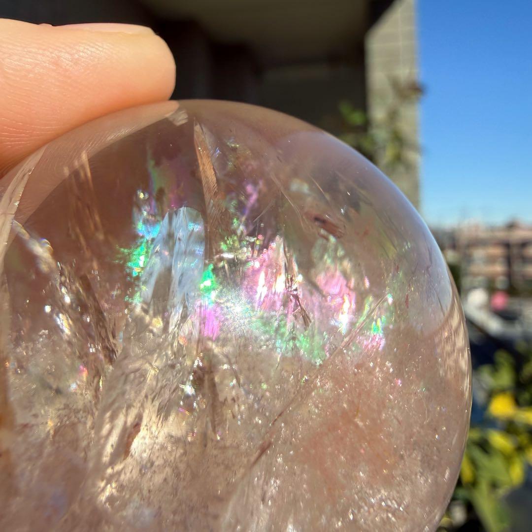 ピンクアゼツライト　スフィア　虹入り　台座付き　ピンククォーツ　49.6mm