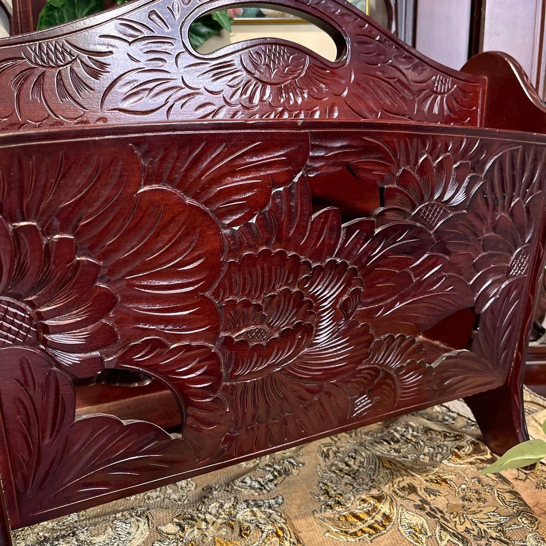 Sale 伝統工芸　日光彫り　咲き誇る花のマガジンラック