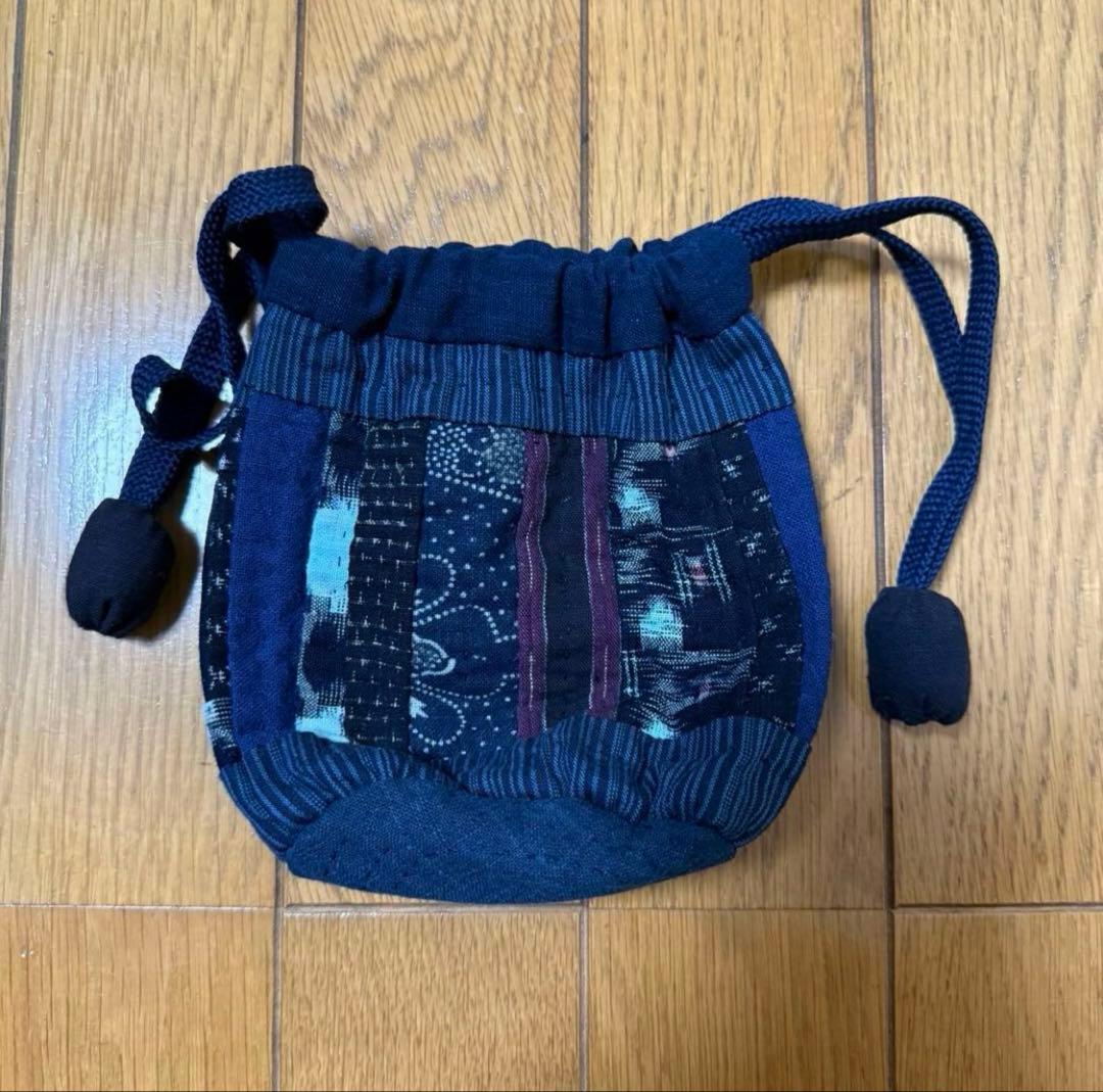 木線藍染 カスリ パッチワーク 手提げバック 円型巾着ポーチ 手作り