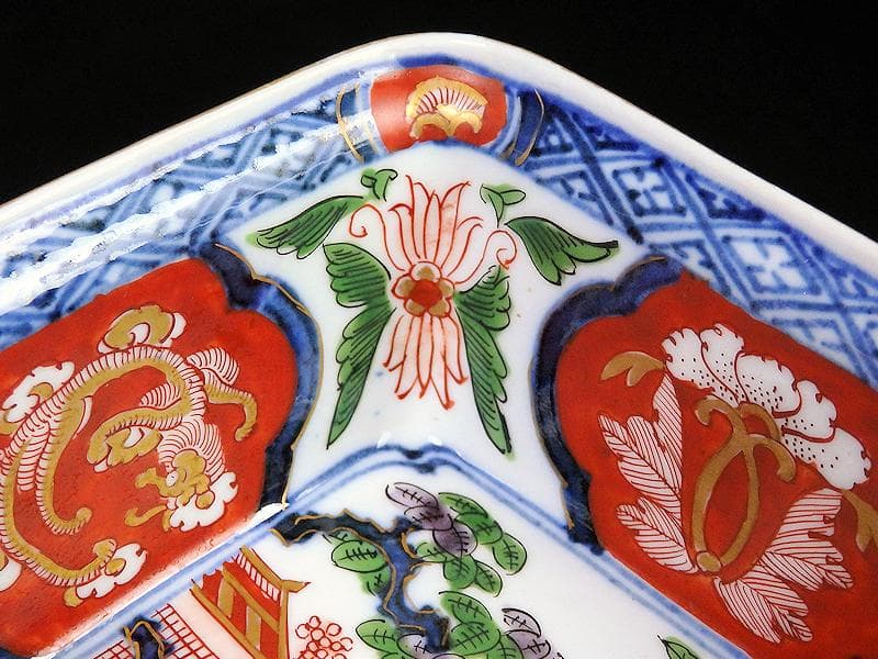 古伊万里　金襴手　欄干に芭蕉葉の図　四方角向付　A105AS-BQi