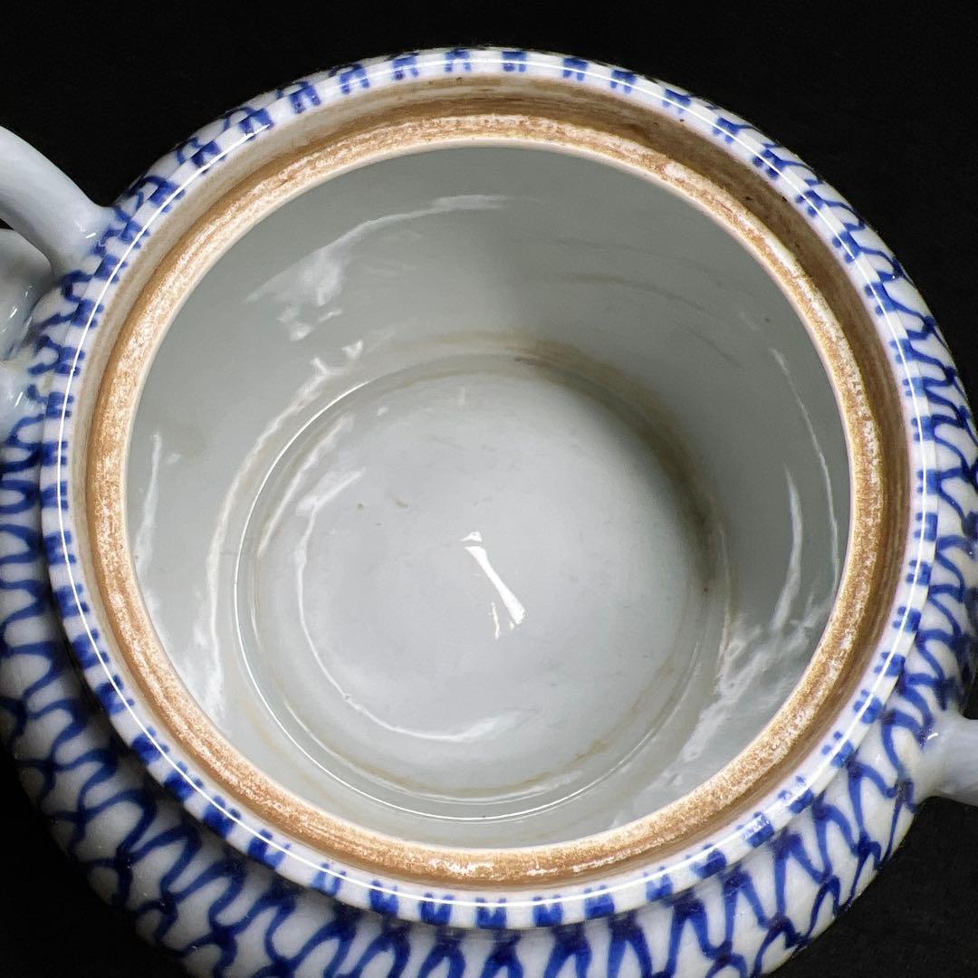 平安名工　楽亭造　染付網手水次　持ち手込高さ約21㎝　東Y8-0310☆2F