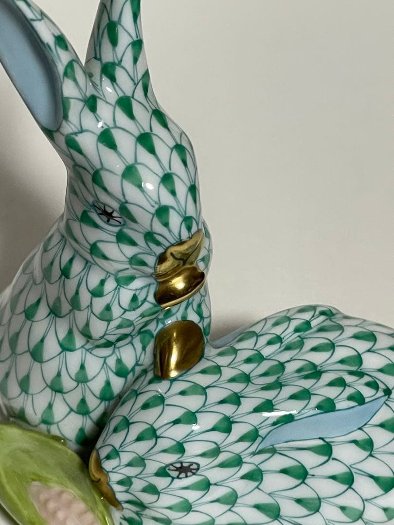 HEREND ヘレンド　２羽のうさぎとコーン　グリーン