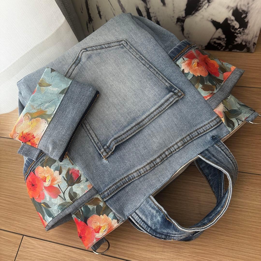 デニムリメイク　トートバッグ　ハンドメイド　花柄