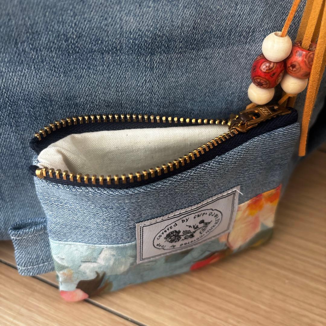 デニムリメイク　トートバッグ　ハンドメイド　花柄