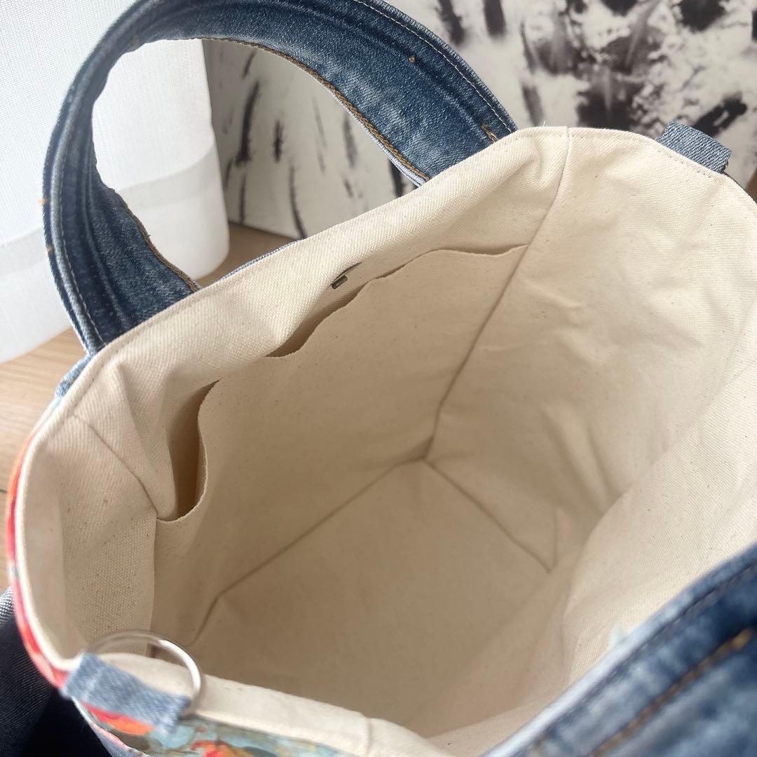 デニムリメイク　トートバッグ　ハンドメイド　花柄