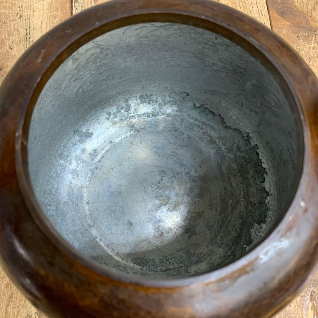 D-4 【アンティーク】銅製 薬罐 薬缶 鎚目 彫金 花柄 銅瓶 古道具 茶道具