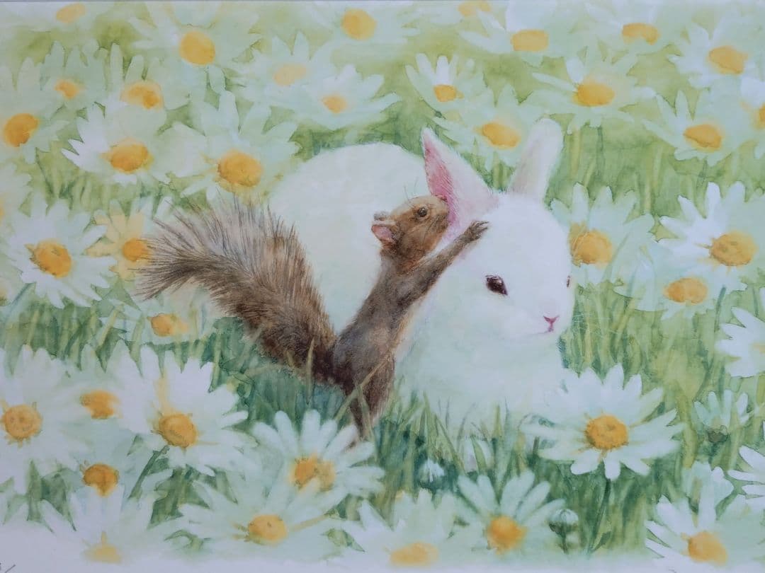 版画 額装品 土田穰 ウサギとリス ジクレー 限定品 癒し系 インテリア