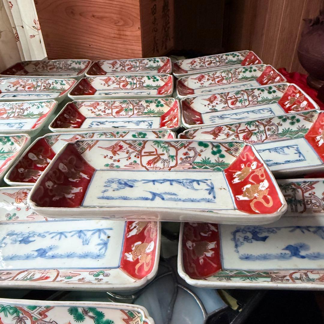 2235様感謝‼️春‼️古伊万里錦手　赤絵金彩鶴亀唐子吉祥図長皿5客　所有者稲田氏