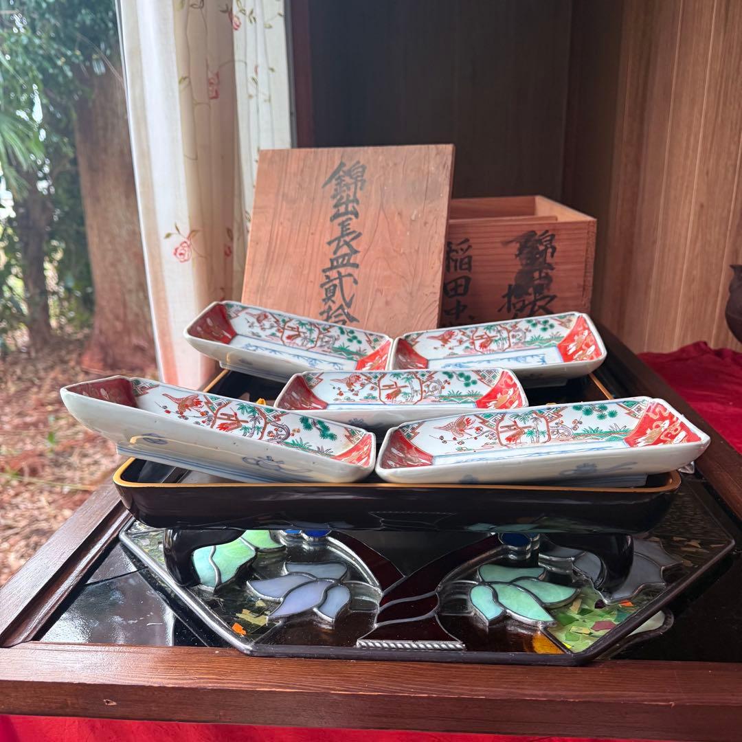 2235様感謝‼️春‼️古伊万里錦手　赤絵金彩鶴亀唐子吉祥図長皿5客　所有者稲田氏