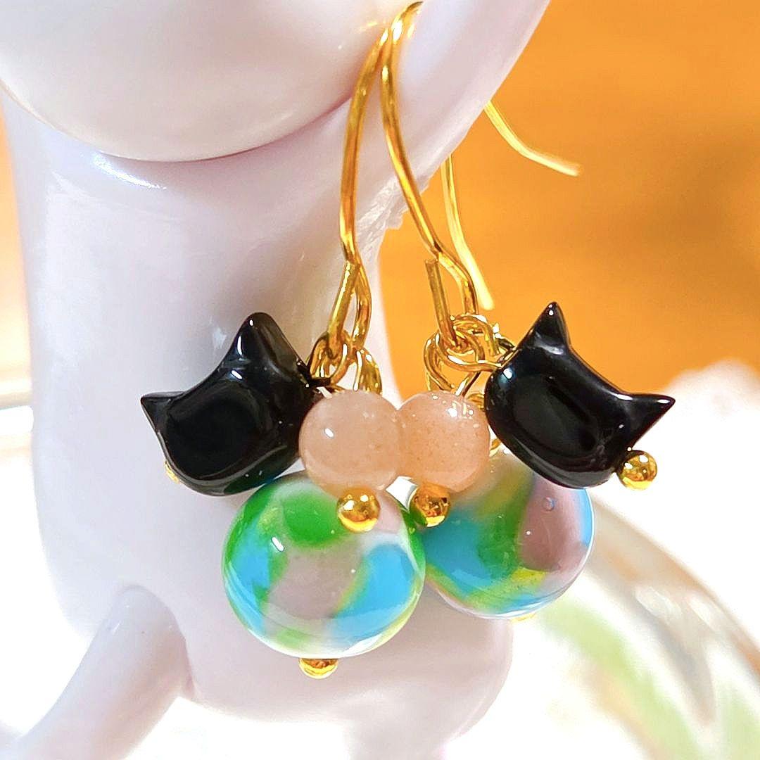 専用です☆猫さんとガラスのトンボ玉とオレンジムーンストーンのピアス　他3品