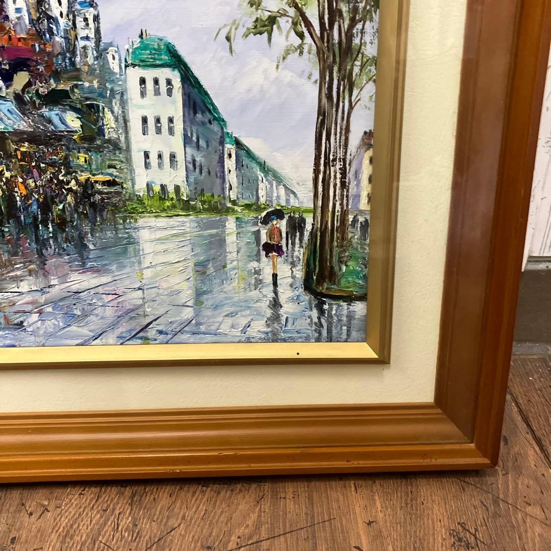 昭和レトロ 油絵 絵画 油彩画 風景画 街並み 雨の日 額装 額入り 額縁 作品