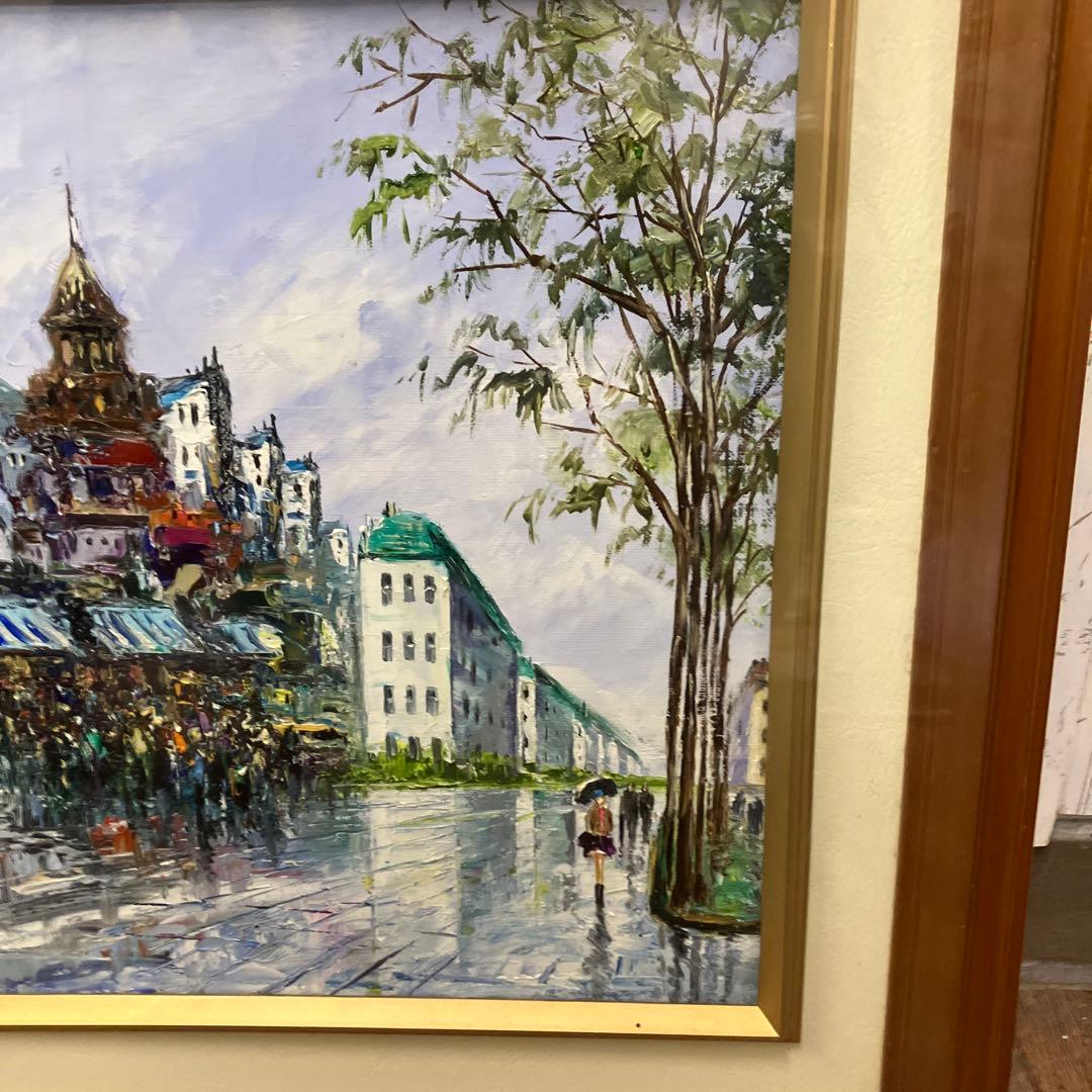 昭和レトロ 油絵 絵画 油彩画 風景画 街並み 雨の日 額装 額入り 額縁 作品