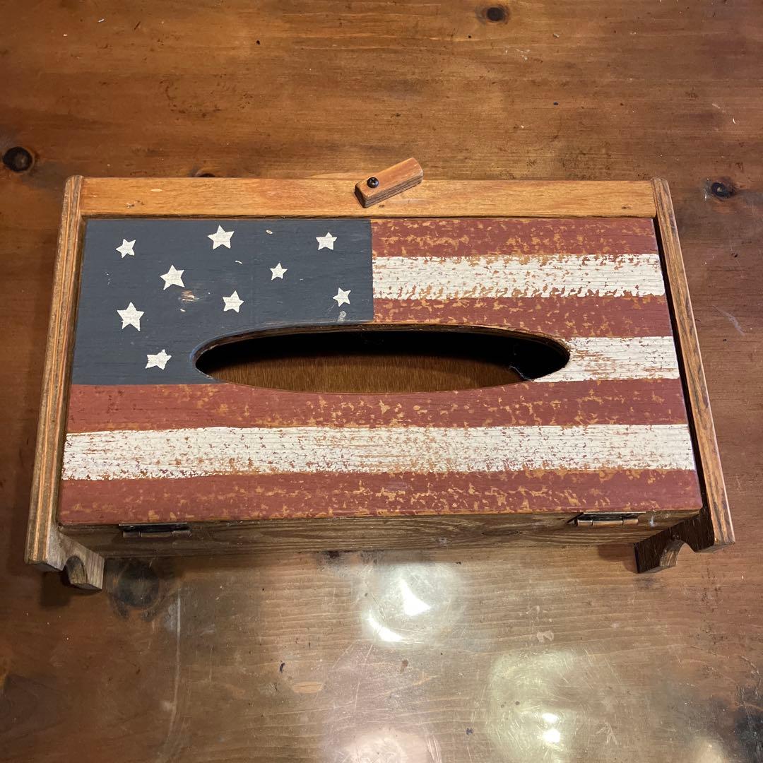 アンファン　星条旗柄　小物置き付きティッシュケース　アメリカンカントリー