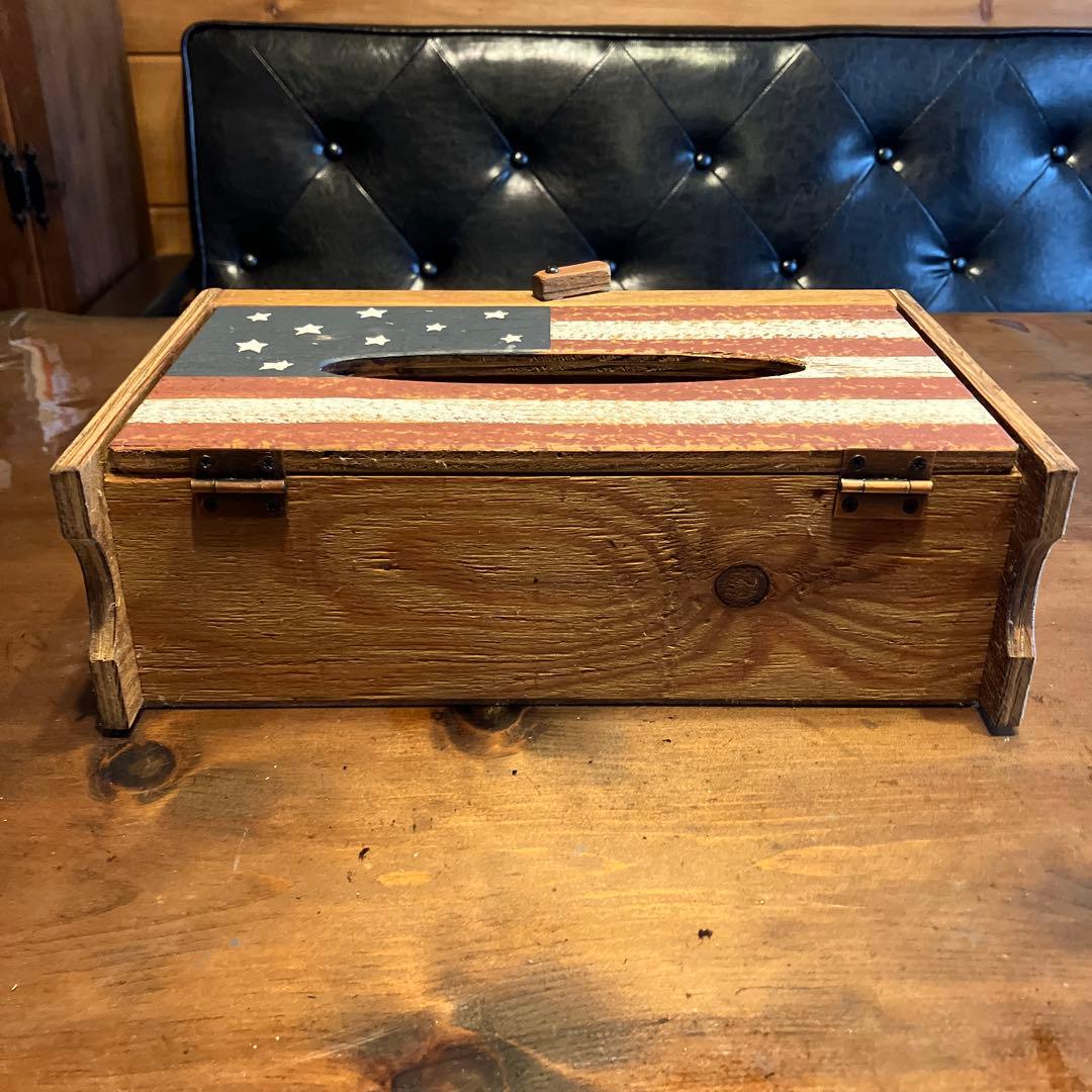 アンファン　星条旗柄　小物置き付きティッシュケース　アメリカンカントリー