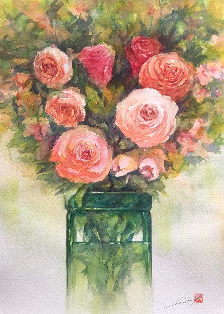 水彩アート「花と緑の花活け」1点物、手描き、真筆。