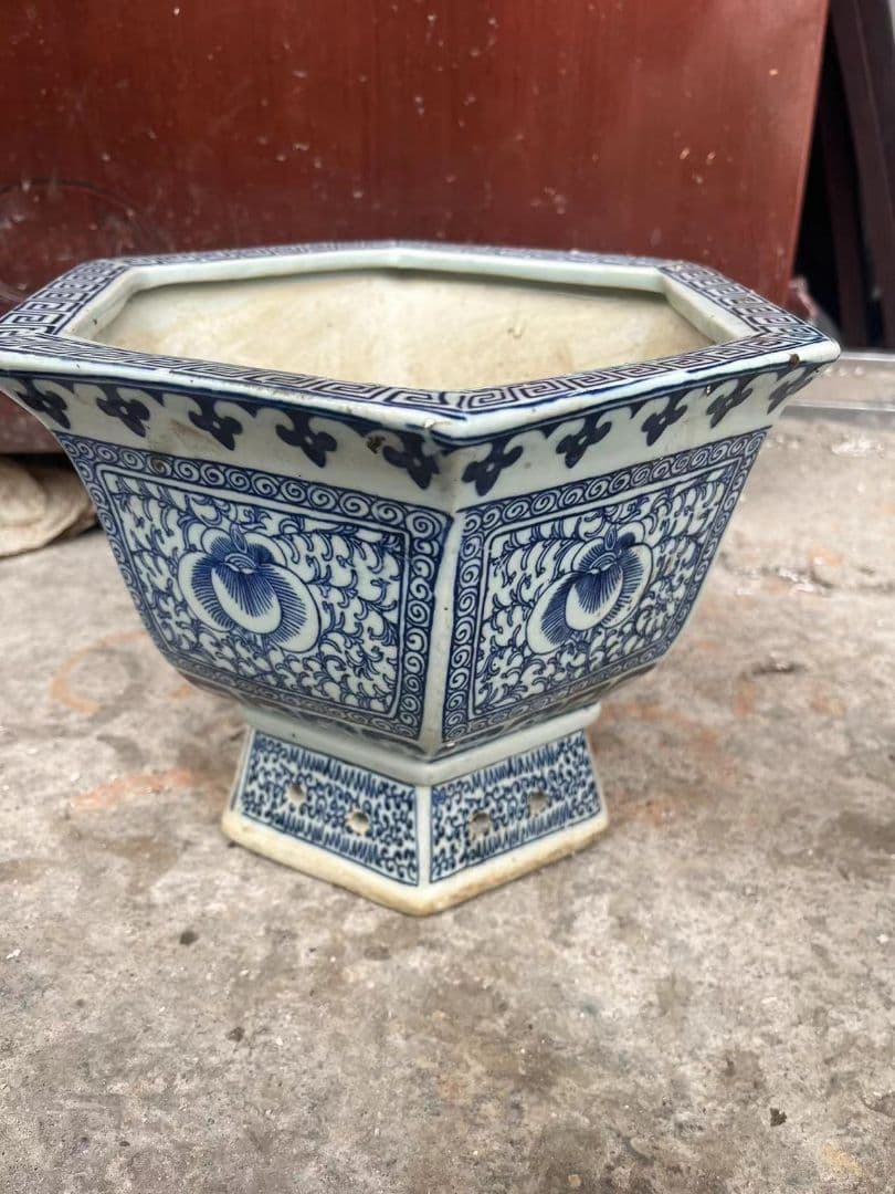 青花纏枝蓮六方鉢盆栽 工芸品 美術品 置物