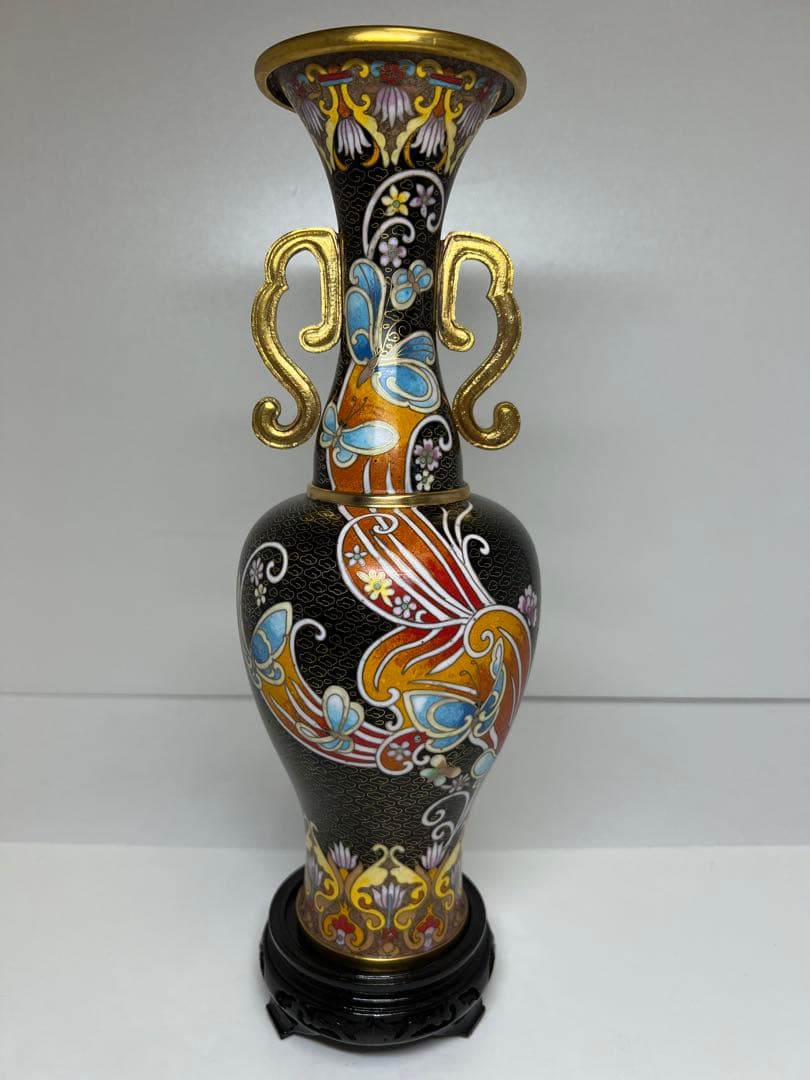 七宝　花瓶　花蝶文　高さ34.5cm 東K8-0227☆1Fトヒウサ