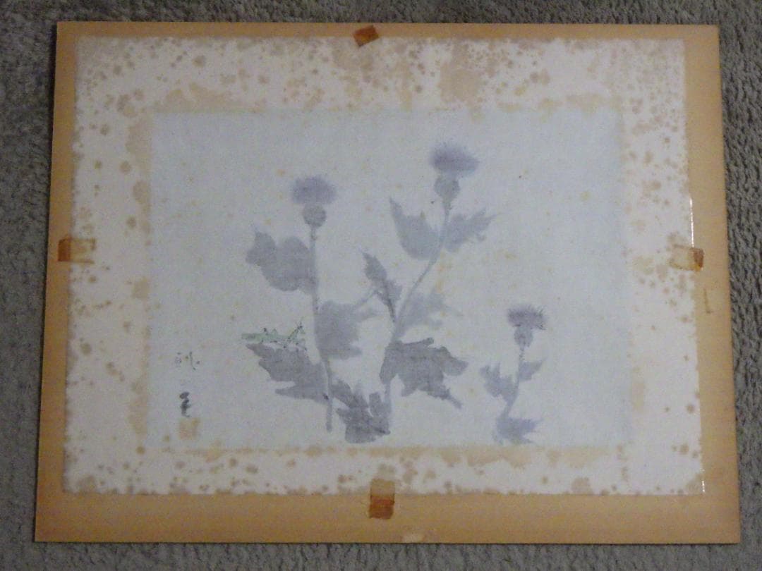 真作 日本画 肉筆 小林恒火子 薊花図 かまきり 自筆サイン 落款 額装