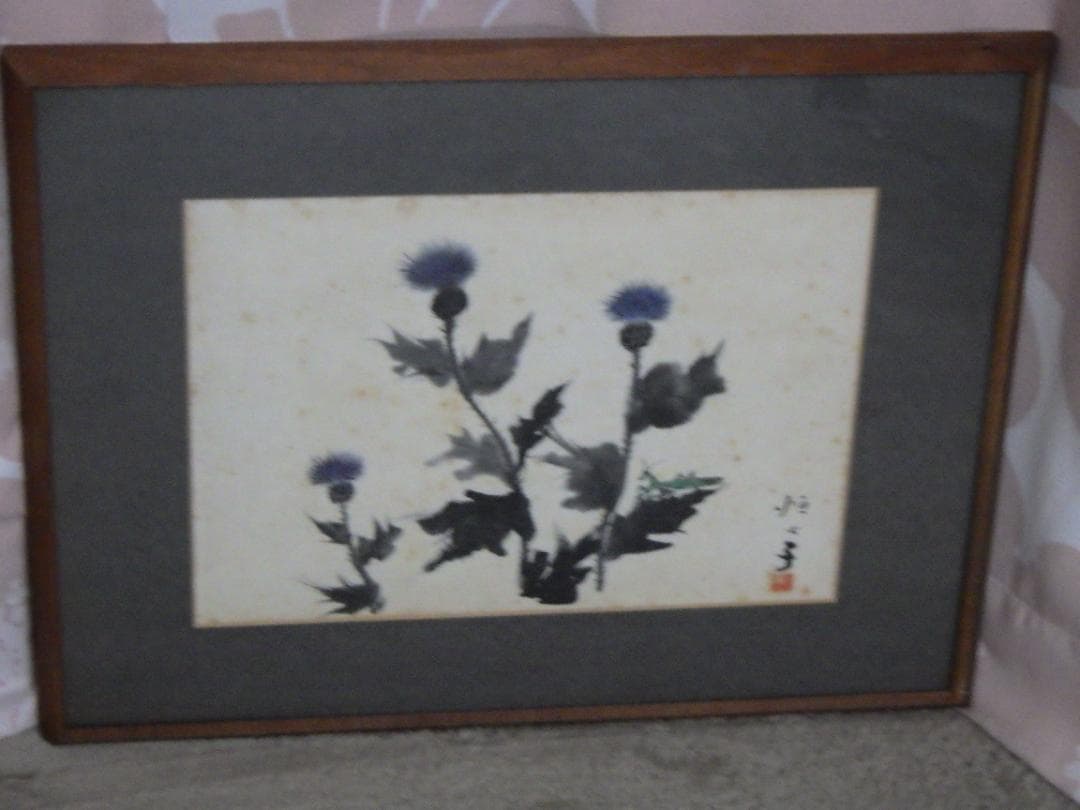 真作 日本画 肉筆 小林恒火子 薊花図 かまきり 自筆サイン 落款 額装