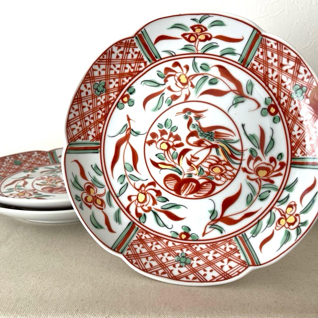 M909 ◯たち吉　花鳥赤絵金彩　輪花プレート【５枚】未使用　中皿