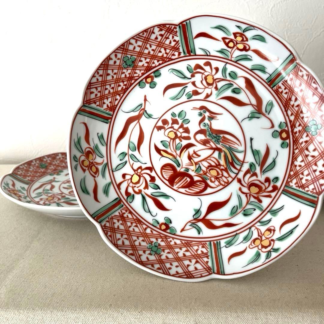 M909 ◯たち吉　花鳥赤絵金彩　輪花プレート【５枚】未使用　中皿