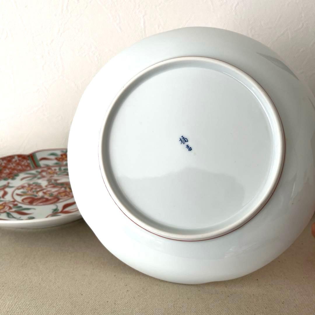 M909 ◯たち吉　花鳥赤絵金彩　輪花プレート【５枚】未使用　中皿