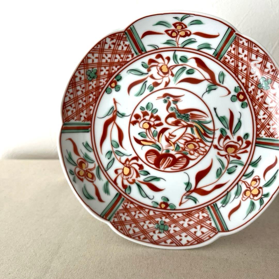 M909 ◯たち吉　花鳥赤絵金彩　輪花プレート【５枚】未使用　中皿