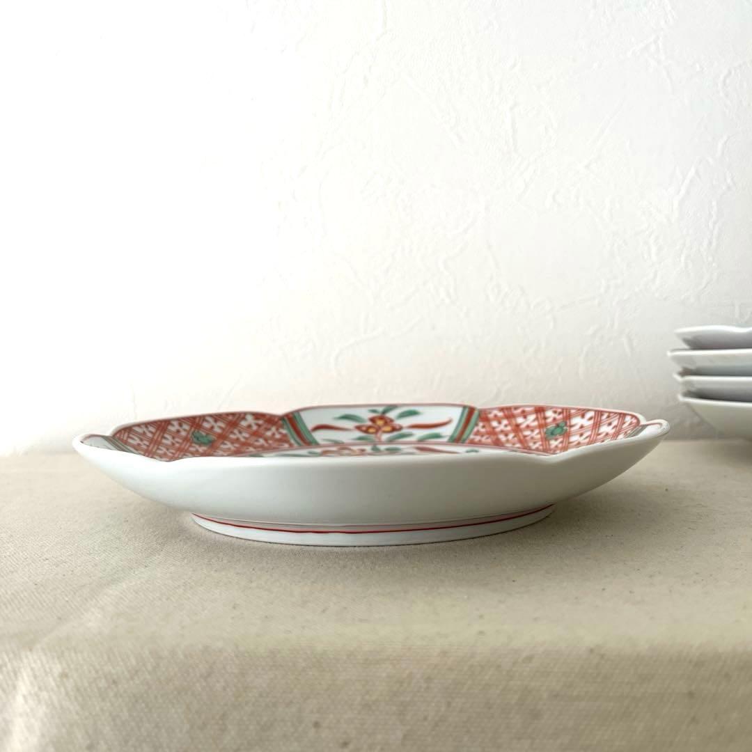 M909 ◯たち吉　花鳥赤絵金彩　輪花プレート【５枚】未使用　中皿