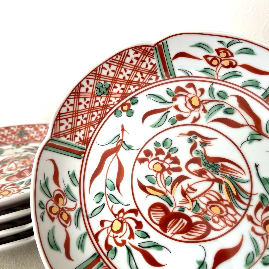 M909 ◯たち吉　花鳥赤絵金彩　輪花プレート【５枚】未使用　中皿