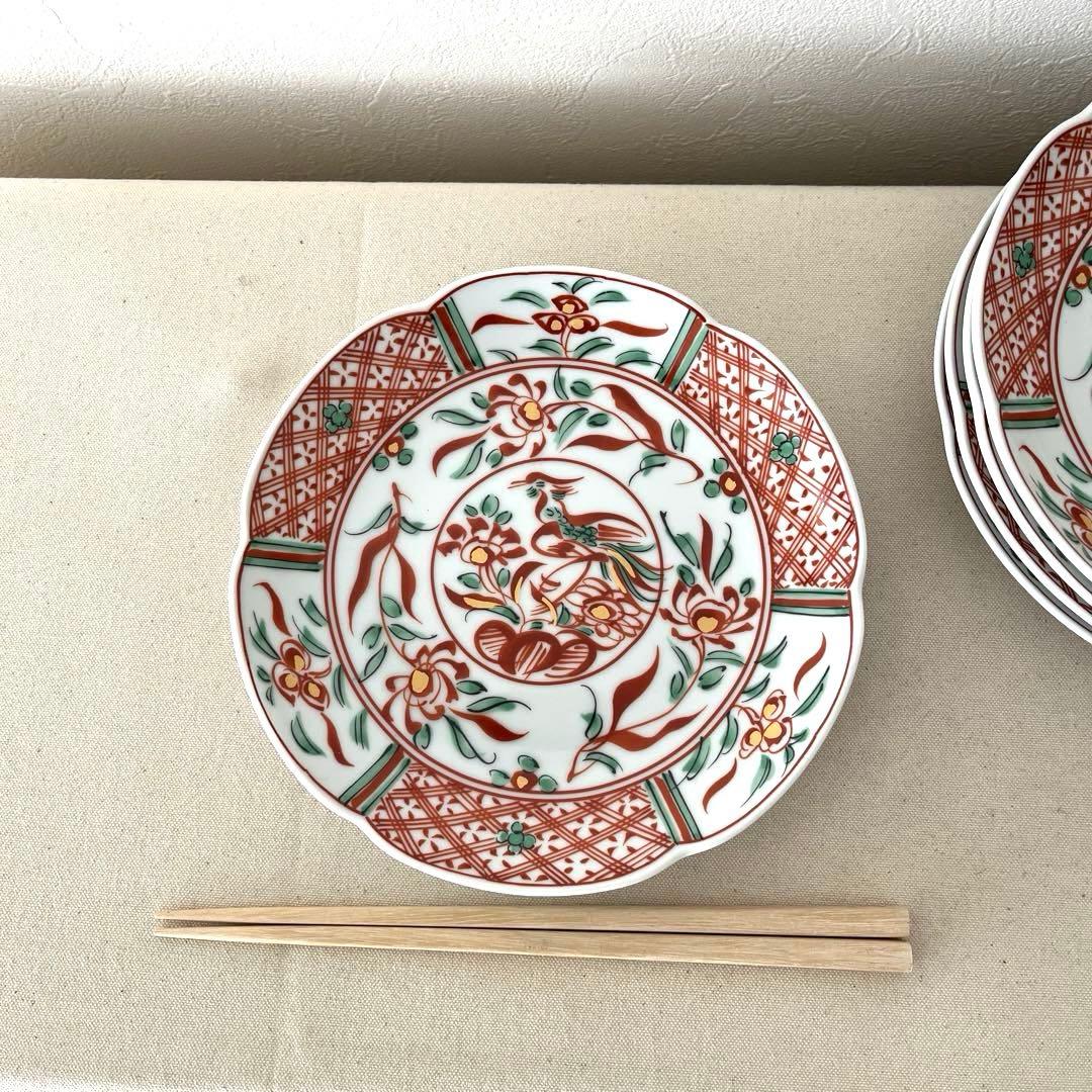 M909 ◯たち吉　花鳥赤絵金彩　輪花プレート【５枚】未使用　中皿