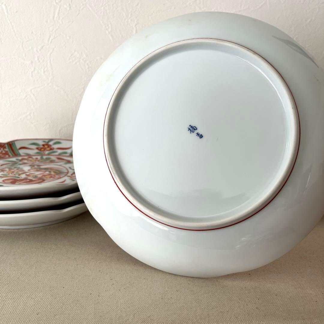 M909 ◯たち吉　花鳥赤絵金彩　輪花プレート【５枚】未使用　中皿