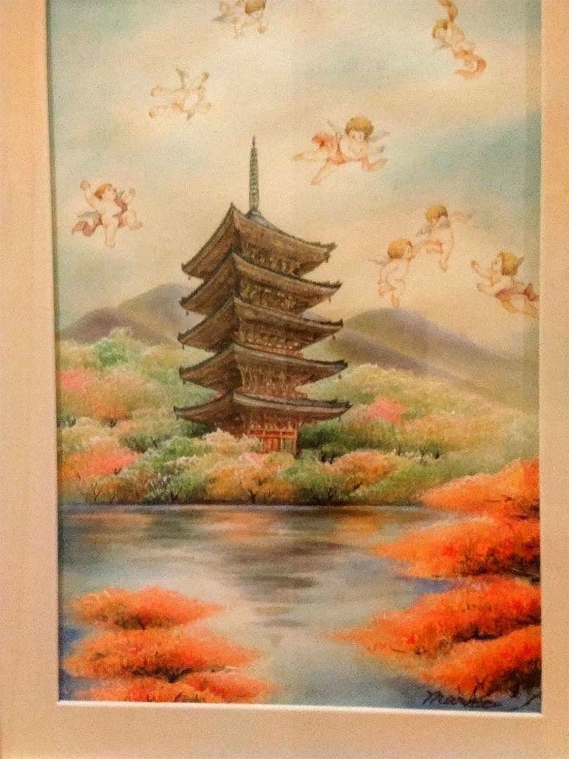 MARIKO London 天使 五重塔 水彩画額縁付　幸運・開運絵画
