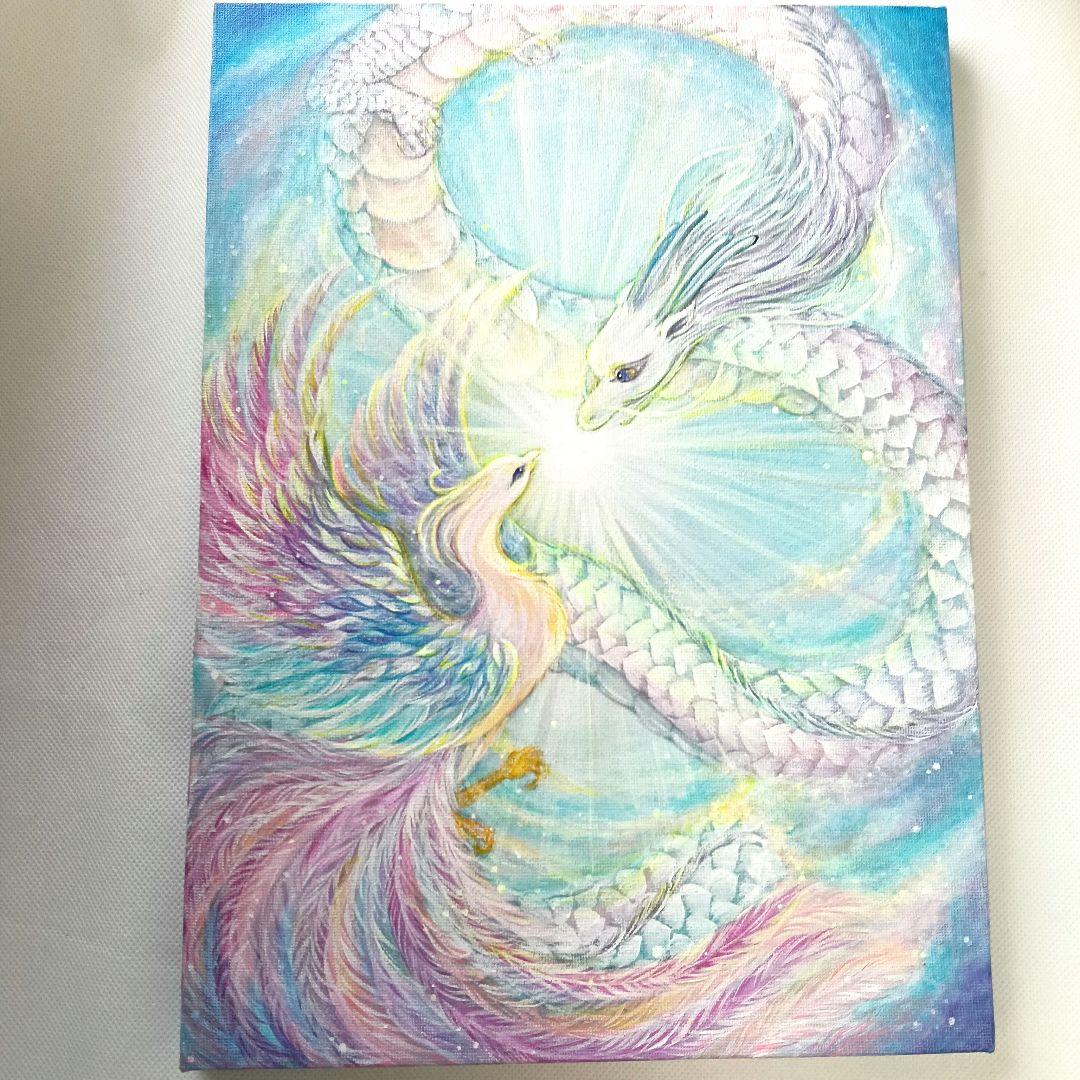 No.502 原画　F4キャンバス　龍と鳳凰　アクリル絵画　開運絵画　龍神絵画