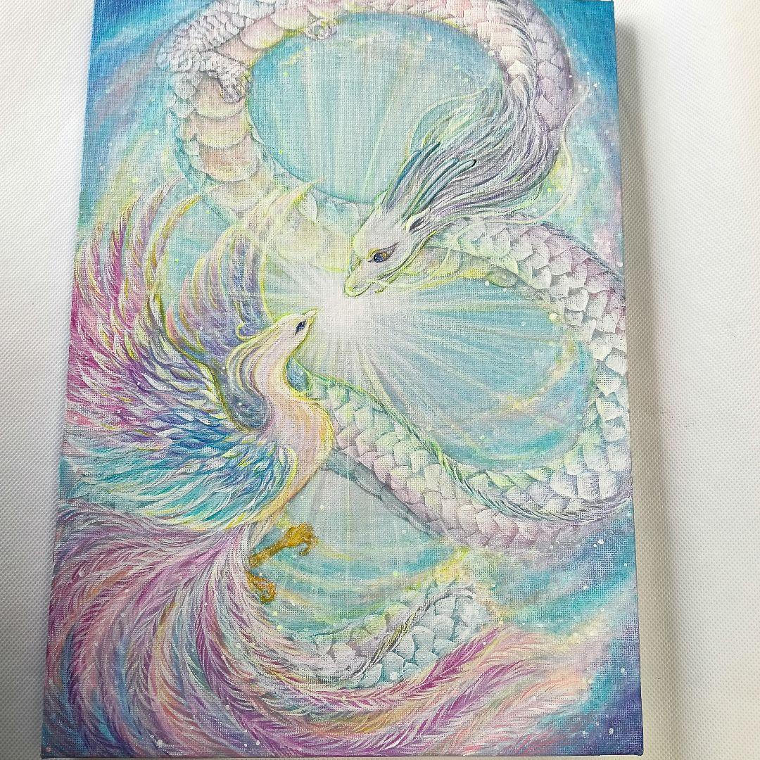 No.502 原画　F4キャンバス　龍と鳳凰　アクリル絵画　開運絵画　龍神絵画