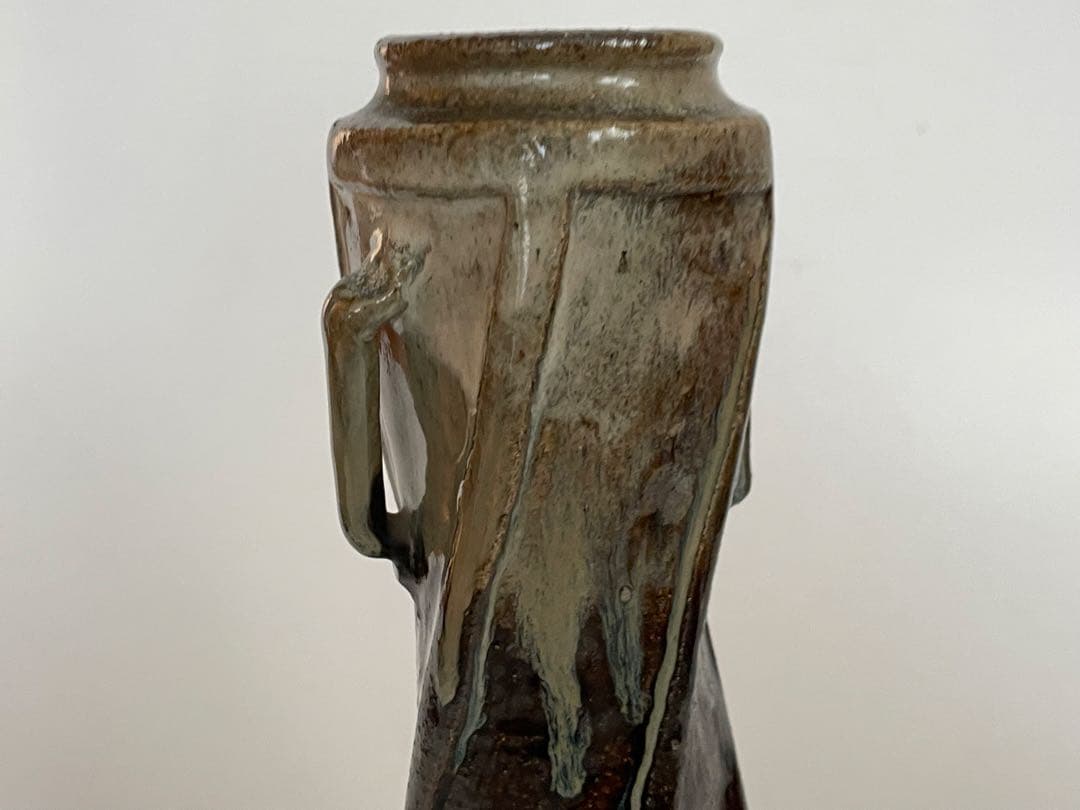 陶芸家　清水茂生　捻耳付　花入　萬古焼　花瓶　共箱　朝鮮唐津