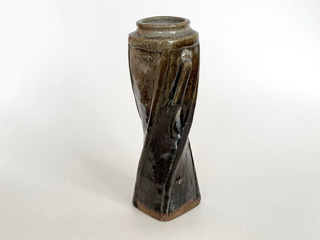 陶芸家　清水茂生　捻耳付　花入　萬古焼　花瓶　共箱　朝鮮唐津