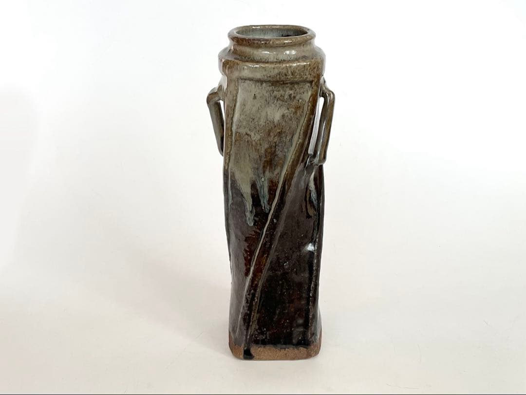 陶芸家　清水茂生　捻耳付　花入　萬古焼　花瓶　共箱　朝鮮唐津