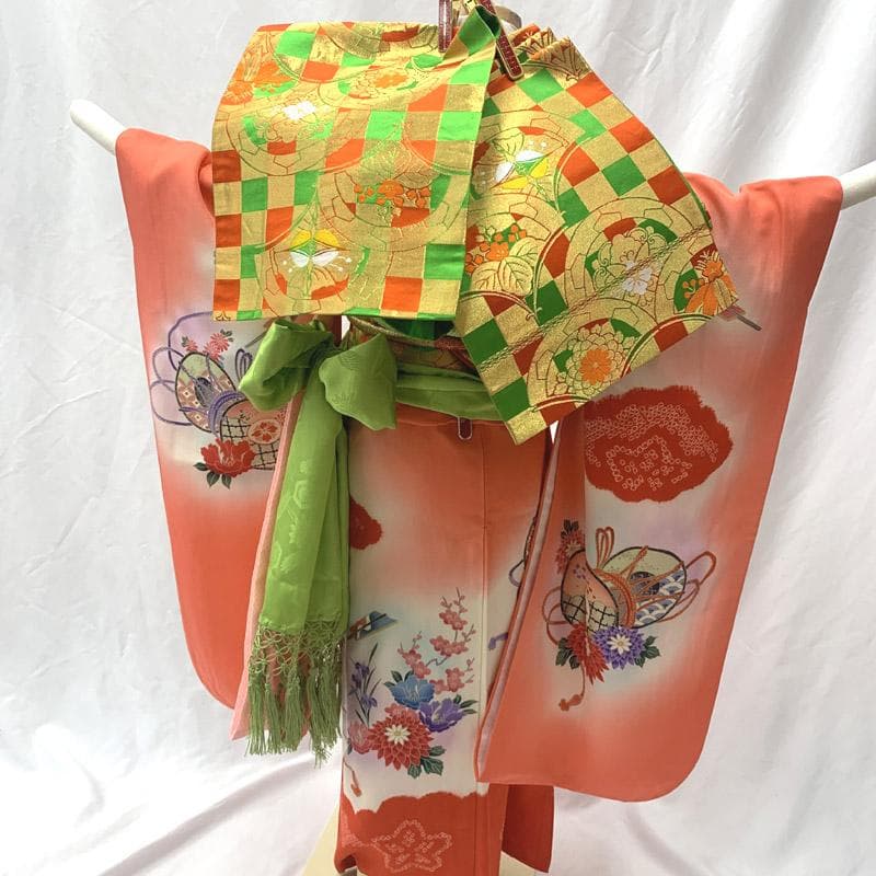 503ag50■七五三 七歳 女児 着物&袋帯&長襦袢&帯揚げ&帯締め&しごき■