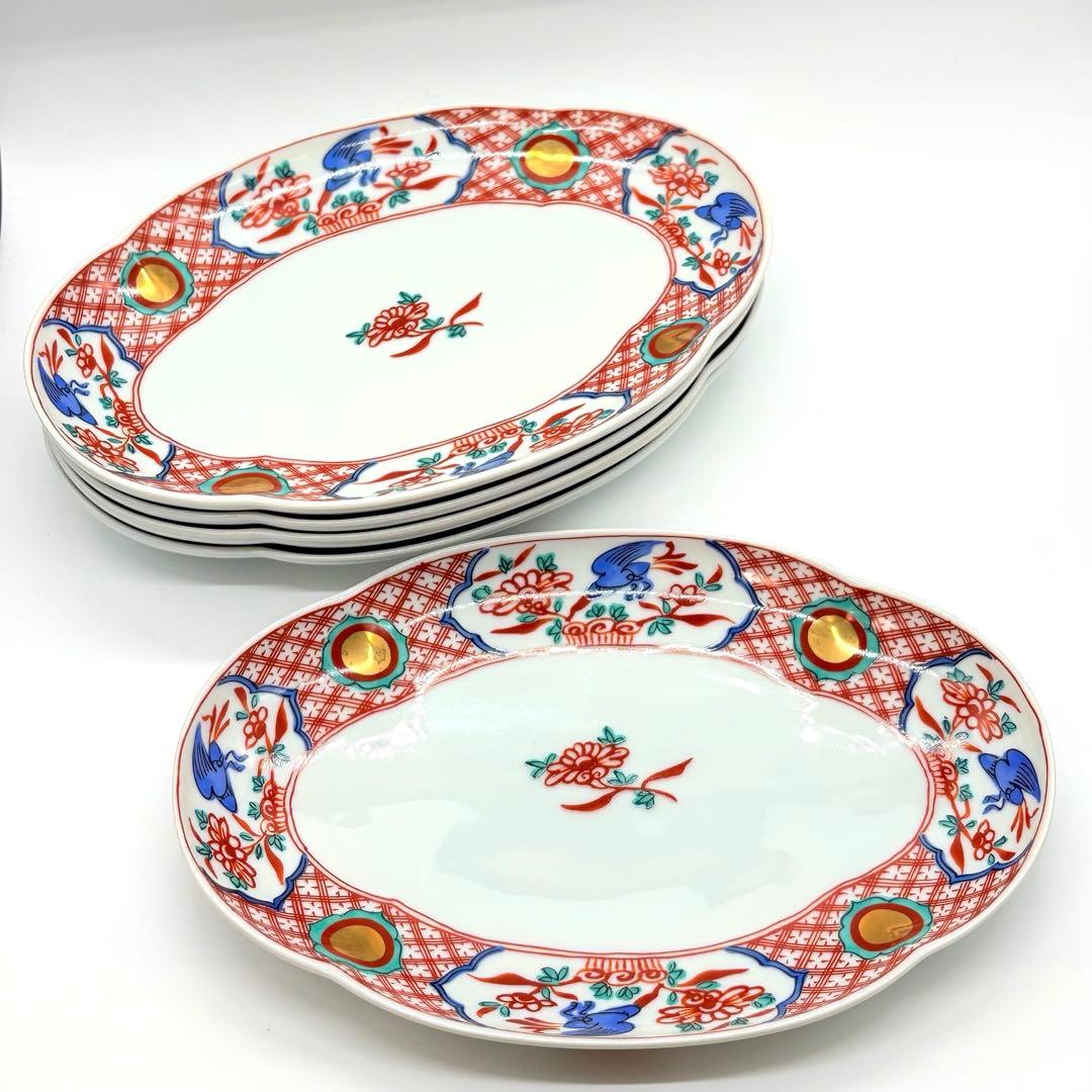 たち吉　赤絵万暦　金彩丸紋　銘々皿　5枚セット　花鳥図　楕円　中皿　橘吉