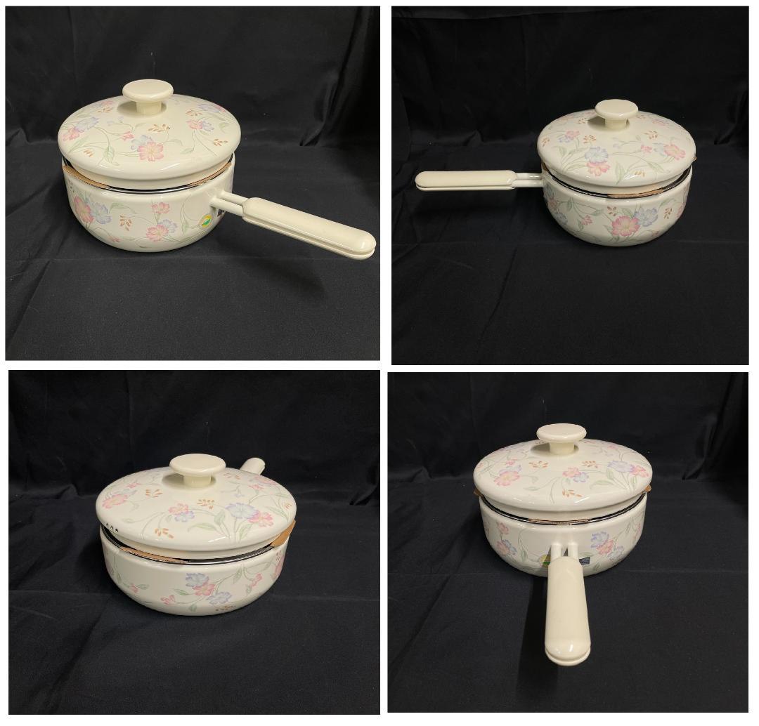 ◆昭和レトロホーロー片手鍋＆両手鍋セット蒸し兼用茶碗蒸し椀５個セット　08199