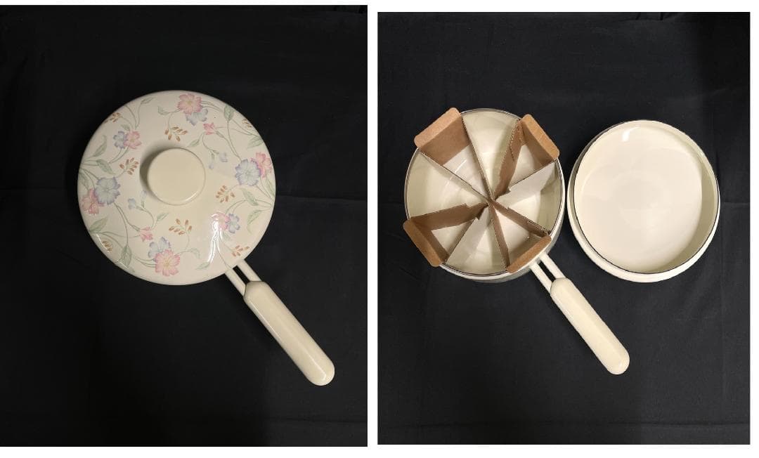 ◆昭和レトロホーロー片手鍋＆両手鍋セット蒸し兼用茶碗蒸し椀５個セット　08199