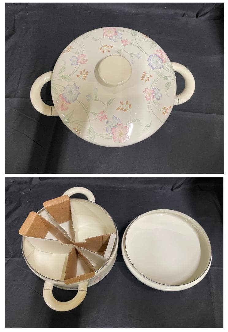 ◆昭和レトロホーロー片手鍋＆両手鍋セット蒸し兼用茶碗蒸し椀５個セット　08199