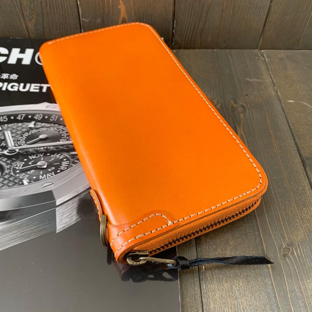 C24■極上 栃木レザー 無双 バイカーズウォレット 財布■橙茶■職人手縫い